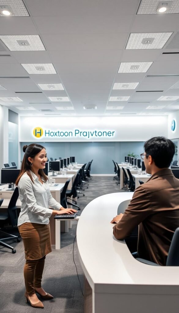 A professional, well-lit customer service office scene with the Hoxtoon Provider brand prominently displayed. In the foreground, a customer service representative in a smart casual outfit warmly greets a customer seated across a sleek, modern desk. Soft, diffused lighting creates a welcoming atmosphere. The middle ground features rows of neatly organized desks with other customer service agents diligently assisting clients. The background showcases the Hoxtoon Provider logo and branding on the walls, conveying a sense of reliability and professionalism. The overall scene exudes an air of attentive, personalized service and a commitment to customer satisfaction.