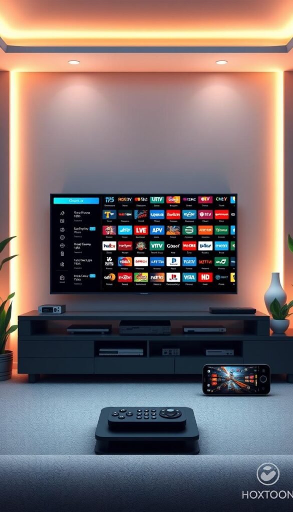 A richly detailed, high-quality digital illustration showcasing the Hoxtoon IPTV channel selection interface. Set against a sleek, modern backdrop, the interface displays a wide array of live TV channels organized into intuitive categories, with vibrant icons and clean typography. The foreground features a central TV screen prominently displaying the channel list, surrounded by a minimalist control panel and an array of smart device mockups. The middle ground includes subtle lifestyle elements like potted plants and ambient lighting, creating a welcoming, tech-savvy atmosphere. The background depicts a stylized cityscape or living room setting, conveying a sense of comfort and connectivity. The overall composition should emphasize the extensive, diverse channel selection available through the Hoxtoon IPTV provider.
