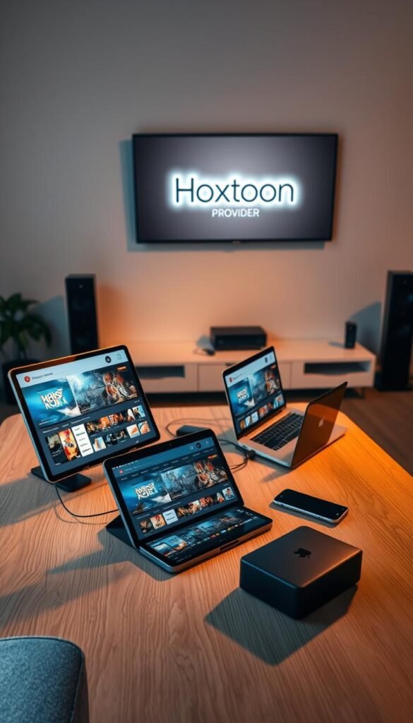 A room filled with a variety of modern electronic devices, including a smart TV, tablet, laptop, and smartphone, all connected and streaming content simultaneously. The devices are arranged neatly on a minimalist, wood-grained desk, bathed in warm, diffused lighting that casts subtle shadows. In the background, a sleek, futuristic entertainment system with the Hoxtoon Provider logo prominently displayed. The overall scene conveys a sense of seamless, multi-device connectivity and the convenience of the Hoxtoon streaming service.