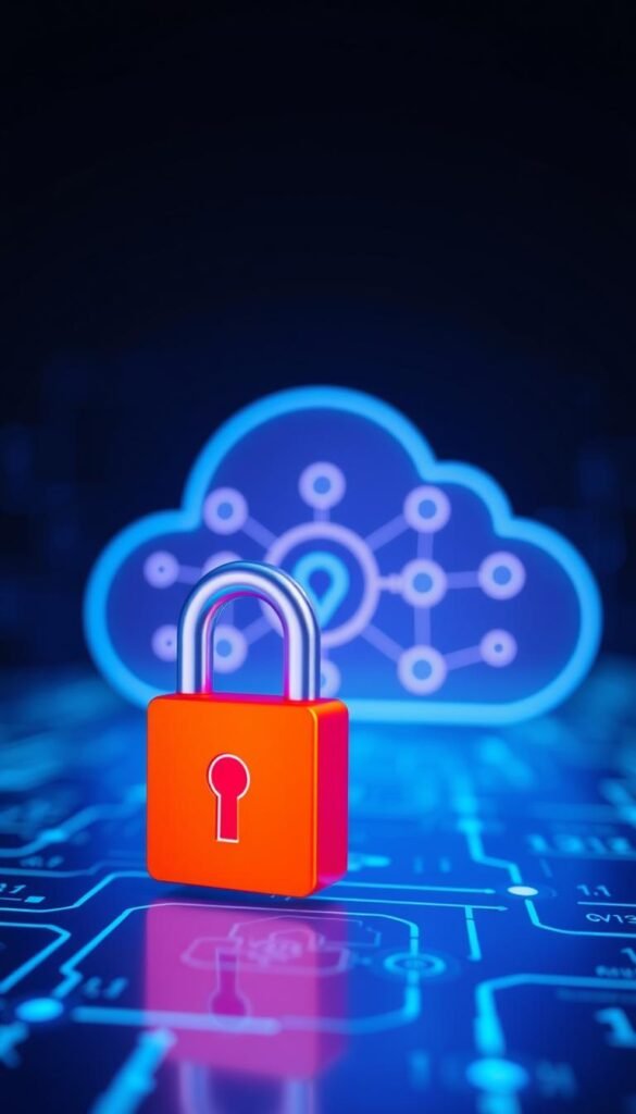 A secure IPTV service by Hoxtoon Provider, with encrypted data transmission, robust access control, and advanced security protocols. In the foreground, a padlock icon symbolizes the encrypted connection, while in the middle, a network diagram illustrates the secure data flow. In the background, a cloud-like shape represents the scalable and reliable infrastructure, all bathed in a cool, futuristic color palette that conveys a sense of trustworthiness and technological sophistication.