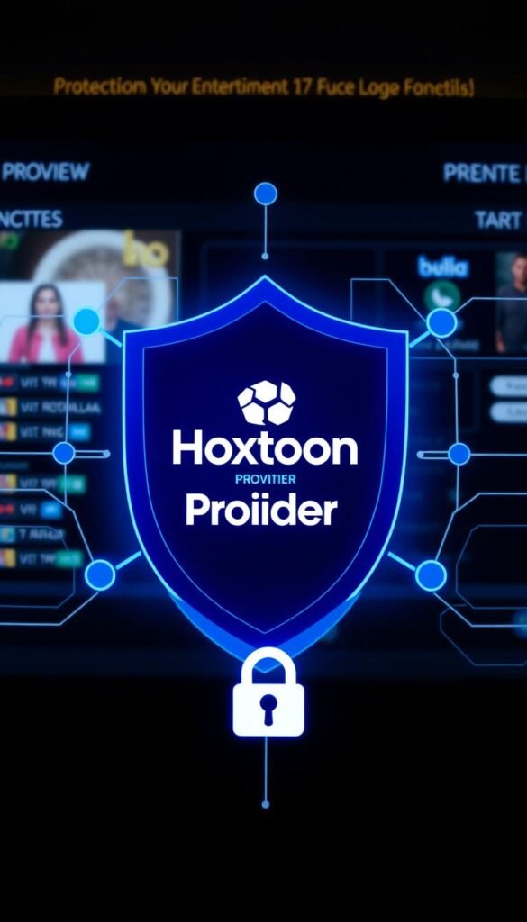 A secure and private IPTV experience with Hoxtoon Provider. A digital shield with encrypted connections and verified platform credentials, protecting your viewing data. In the foreground, a lock icon and shield symbolize the robust security measures. The middle ground showcases the Hoxtoon Provider logo, conveying trustworthy and reliable service. The background features a sleek, modern interface with minimal design elements, emphasizing the focus on privacy and safeguarding your entertainment.
