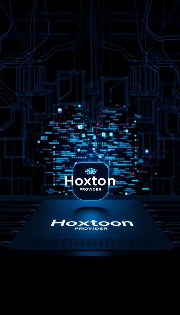 A secure data transmission hub, surrounded by a complex network of encrypted connections. In the foreground, the Hoxtoon Provider logo shines against a sleek, minimalist interface, conveying a sense of reliability and protection. The middle ground features a grid of abstract data visualizations, pulsing with dynamic energy, representing the secure flow of information. In the background, a shadowy, low-key environment sets the tone, suggesting the importance of discretion and privacy in the world of IPTV encryption. Subtle lighting and a muted color palette create an atmosphere of professionalism and trustworthiness, reflecting the high-caliber service offered by Hoxtoon.