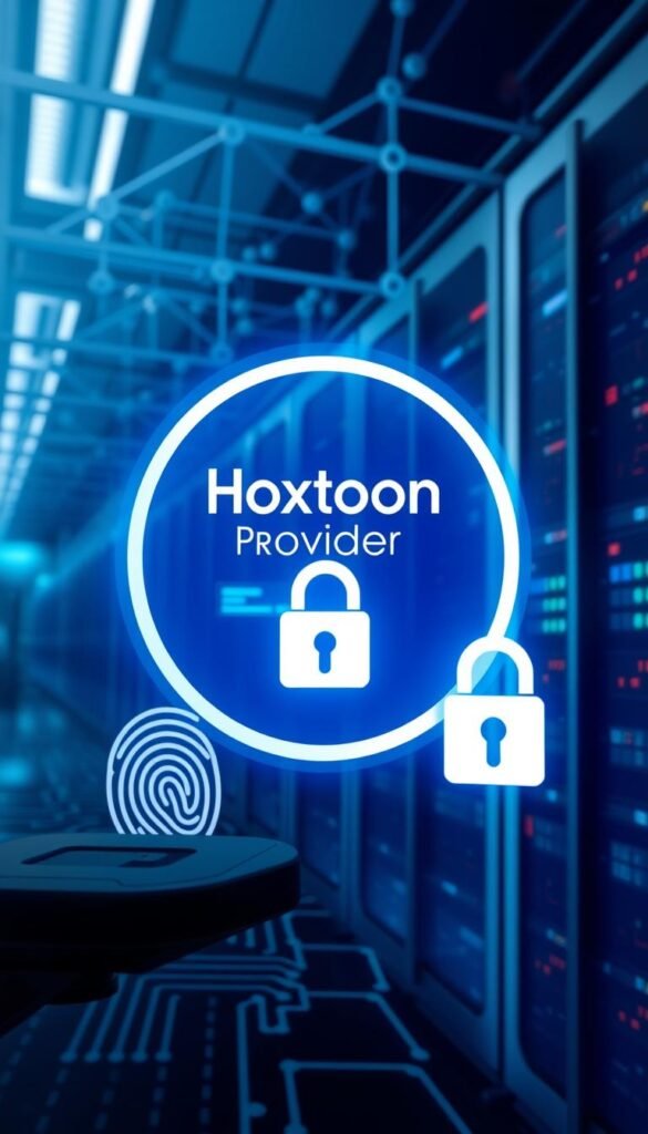 A secure, modern OTT TV service with the Hoxtoon Provider logo prominently displayed. In the foreground, a fingerprint scanner and a lock icon symbolize robust authentication and encryption. The middle ground features a sleek, minimalist user interface with clean typography and intuitive navigation. In the background, a network of interconnected servers and data centers convey the powerful infrastructure powering the service. The overall atmosphere is one of trust, reliability, and technological sophistication.