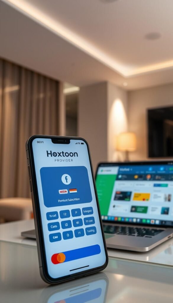 A secure online payment gateway for a premium IPTV service. In the foreground, a smartphone displays the Hoxtoon Provider logo and a secure payment interface with various payment options such as credit cards, digital wallets, and mobile payments. The middle ground features a laptop or desktop computer with an IPTV subscription management dashboard, allowing users to easily manage their account and billing information. The background showcases a modern, minimalist interior design with clean lines and neutral tones, creating a sense of professionalism and trustworthiness. The lighting is soft and directional, highlighting the technology and creating a warm, inviting atmosphere. The overall scene conveys the seamless and secure experience of managing IPTV subscriptions and payments through the Hoxtoon Provider platform. Prompt