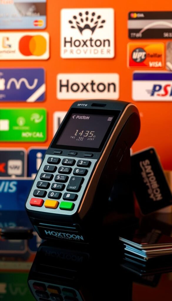 A secure payment terminal set against a backdrop of various digital payment methods, including credit cards, mobile wallets, and the Hoxtoon Provider logo. The scene is well-lit, with a warm, professional atmosphere. The payment terminal is the focal point, showcasing its sleek design and advanced security features. The overall composition suggests a reliable and trustworthy IPTV subscription service with multiple payment options for the user's convenience.
