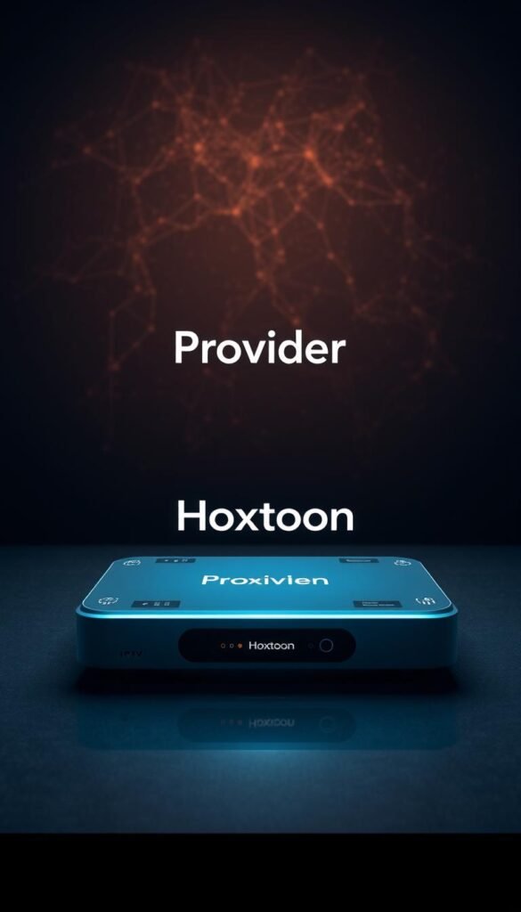 A serene and futuristic scene of a sleek, ultramodern media hub displaying the "Hoxtoon Provider" brand prominently. The foreground features a minimalist, floating holographic interface with intuitive controls and glowing indicators, conveying the seamless and buffer-free IPTV experience. The middle ground showcases a sophisticated, high-tech device with a clean, angular design and subtle lighting accents. The background is a deep, richly-textured void, creating a sense of depth and emphasizing the cutting-edge nature of the Hoxtoon solution. The overall atmosphere is one of advanced technology, efficiency, and a futuristic, premium aesthetic.