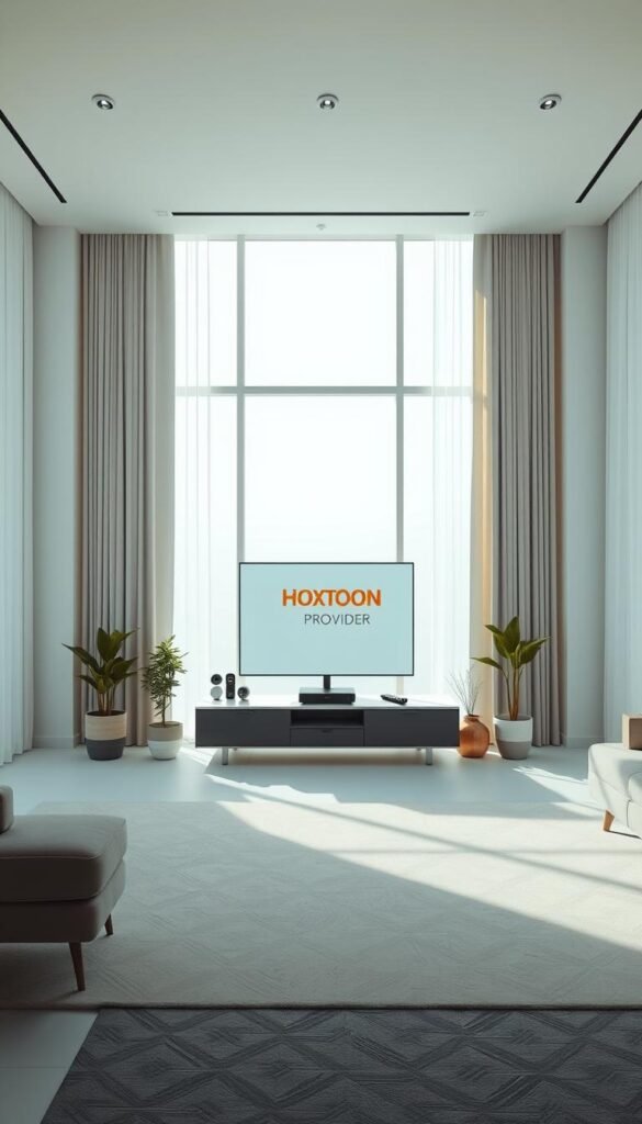 A serene and modern living room with floor-to-ceiling windows, bathed in soft, natural light. In the center, a sleek, minimalist entertainment console displays the Hoxtoon Provider logo, hinting at the IPTV subscription service. On the console, a remote control and a streaming device create a sense of technology and connectivity. The room is sparsely decorated, with a few potted plants and a modern, geometric-patterned rug, emphasizing the clean, uncluttered aesthetic. The overall mood is one of sophistication, simplicity, and the comfort of a legal, high-quality IPTV experience.