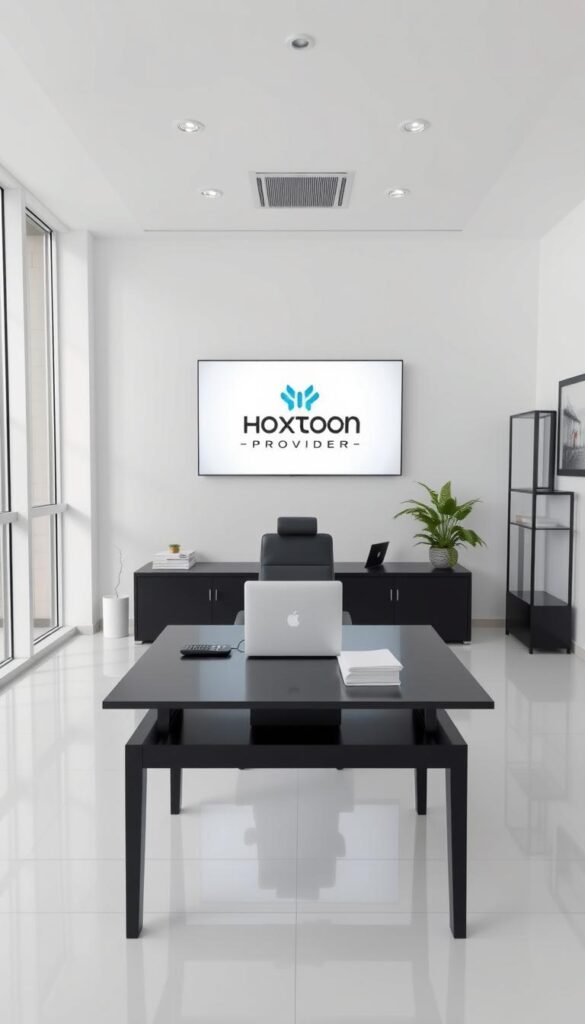 A serene and modern office interior with floor-to-ceiling windows, soft lighting, and minimalist decor. In the center, a sleek black desk with a laptop, remote control, and a neatly stacked pile of documents. Behind the desk, a large wall-mounted display showcases the Hoxtoon Provider logo and branding. The walls are adorned with framed art pieces, and a potted plant adds a touch of greenery to the space. The overall atmosphere exudes professionalism, efficiency, and attention to detail, conveying Hoxtoon Provider's position as America's premier IPTV service provider.