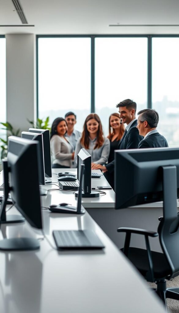 A serene and professional office setting with a Hoxtoon Provider customer support desk in the foreground. The desk is meticulously organized, with a high-end computer setup, sleek monitors, and discreet lighting. In the middle ground, a team of customer service representatives assist clients, their faces reflecting a friendly and attentive demeanor. The background showcases a minimalist, modern interior design with large windows that flood the space with natural light, creating a calming and inviting atmosphere. The overall scene conveys a sense of reliability, expertise, and a commitment to providing a premium IPTV streaming experience.