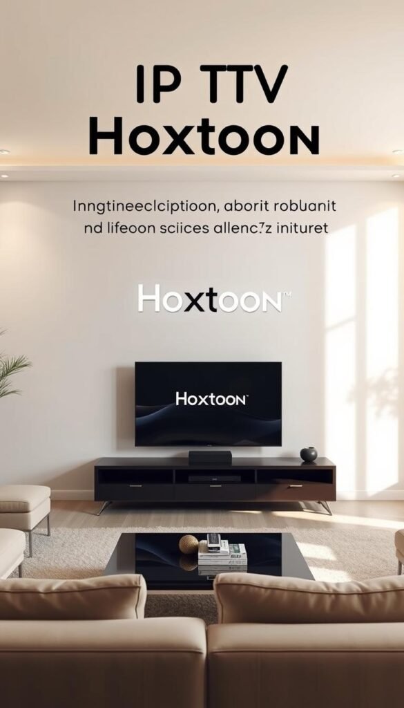 A serene and secure IPTV service from Hoxtoon Provider, offering a lifetime subscription with uninterrupted access to over 21,000 live TV channels across 6+ devices. The image depicts a modern, minimalist living room setup, with a large TV screen displaying the Hoxtoon logo and a sleek, high-end entertainment system. Soft, warm lighting creates a cozy atmosphere, and the room is filled with subtle, elegant furnishings that convey a sense of financial stability and long-term investment. The overall tone is one of reliability, quality, and value, reinforcing the benefits of a lifetime IPTV subscription.