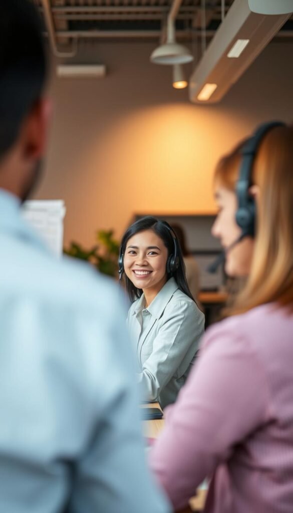 A serene customer service scene showcasing the Hoxtoon Provider brand. In the foreground, a friendly Hoxtoon customer service agent in a well-lit office, smiling and assisting a satisfied customer. The middle ground features a modern, minimalist workspace with sleek equipment and helpful resources. In the background, a warm, inviting atmosphere with muted colors and subtle lighting, conveying a sense of professionalism and trust. The overall composition emphasizes Hoxtoon's commitment to exceptional customer support, in contrast to a more chaotic or impersonal setting. Captured with a shallow depth of field and natural, soft lighting to create a polished, aspirational aesthetic. A serene customer service scene showcasing the Hoxtoon Provider brand. In the foreground, a friendly Hoxtoon customer service agent in a well-lit office, smiling and assisting a satisfied customer. The middle ground features a modern, minimalist workspace with sleek equipment and helpful resources. In the background, a warm, inviting atmosphere with muted colors and subtle lighting, conveying a sense of professionalism and trust. The overall composition emphasizes Hoxtoon's commitment to exceptional customer support, in contrast to a more chaotic or impersonal setting. Captured with a shallow depth of field and natural, soft lighting to create a polished, aspirational aesthetic.