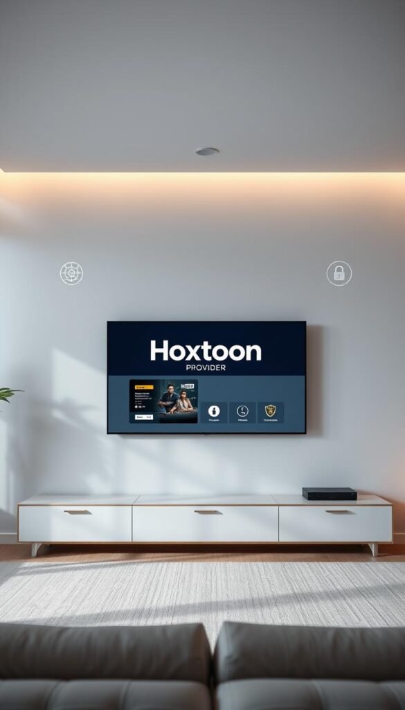 A serene digital living room with a sleek, modern TV display showcasing the Hoxtoon Provider logo. The screen displays a secure IPTV catch-up interface, featuring crisp high-definition content and intuitive navigation controls. Soft ambient lighting accentuates the clean, minimalist design aesthetic, conveying a sense of trustworthiness and reliability. In the background, subtle network topology diagrams and security symbols suggest the robust technological infrastructure powering the IPTV service. The overall composition radiates a professional, enterprise-grade impression of legal and secure IPTV catch-up capabilities.
