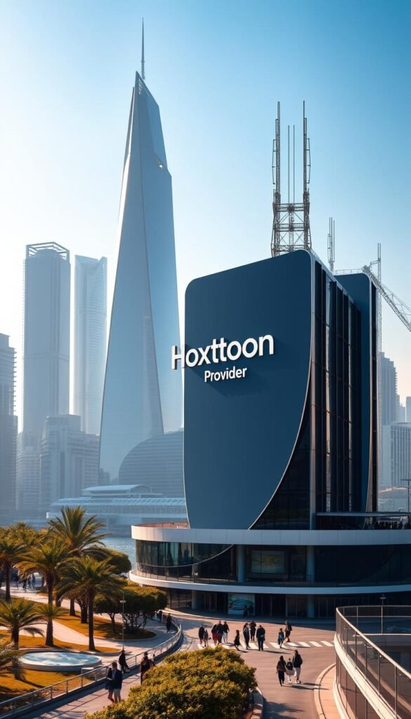 A serene, futuristic cityscape with towering skyscrapers and a clear, blue sky. In the foreground, a sleek, modern building with the bold "Hoxtoon Provider" logo prominently displayed. The building is bathed in warm, directional lighting, casting dramatic shadows. In the middle ground, people are walking along a bustling, tree-lined promenade, enjoying the high-tech urban environment. In the background, a network of satellite dishes and antennas hint at the advanced communication infrastructure powering the IPTV service. The overall scene conveys a sense of innovation, technology, and reliable, seamless entertainment. A serene, futuristic cityscape with towering skyscrapers and a clear, blue sky. In the foreground, a sleek, modern building with the bold "Hoxtoon Provider" logo prominently displayed. The building is bathed in warm, directional lighting, casting dramatic shadows. In the middle ground, people are walking along a bustling, tree-lined promenade, enjoying the high-tech urban environment. In the background, a network of satellite dishes and antennas hint at the advanced communication infrastructure powering the IPTV service. The overall scene conveys a sense of innovation, technology, and reliable, seamless entertainment.