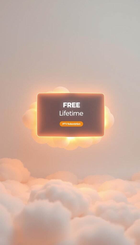 A serene, glowing IPTV user interface floating in a minimalist, cloud-like environment. Warm, soft lighting illuminates the sleek, intuitive display of the Hoxtoon Provider platform, showcasing a lifetime subscription offer. The interface features clean, inviting typography and simple, yet captivating graphics that draw the viewer's attention to the "Free Lifetime IPTV Subscription" opportunity. The overall composition conveys a sense of effortless accessibility and the promise of uninterrupted entertainment, hinting at the convenience and value the Hoxtoon Provider service offers.