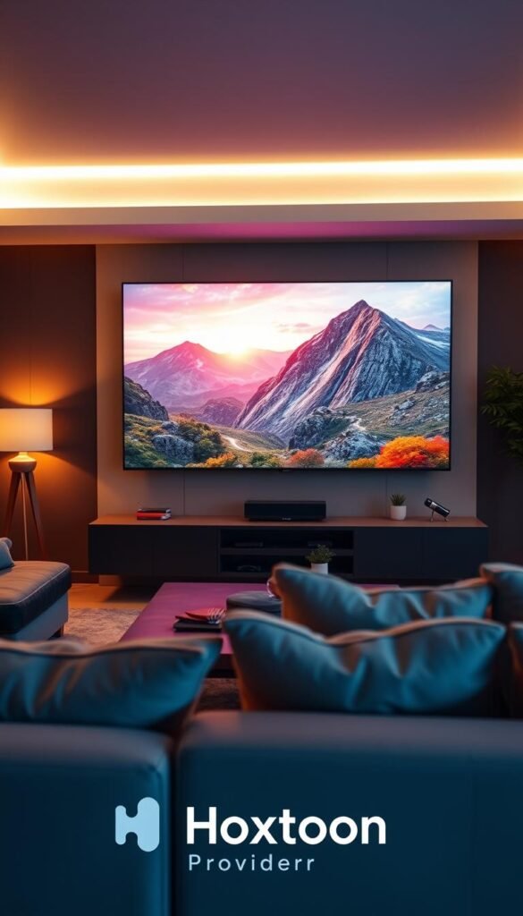A serene, high-quality IPTV streaming experience. A modern living room with a large, cinematic TV display showing vibrant, lifelike video. Soft, ambient lighting casts a warm glow, creating a cozy, immersive atmosphere. The Hoxtoon Provider logo is subtly visible, hinting at the reliable, high-performance IPTV service powering the scene. The camera angle is slightly elevated, capturing the viewer's perspective as they relax and enjoy the exceptional streaming quality.