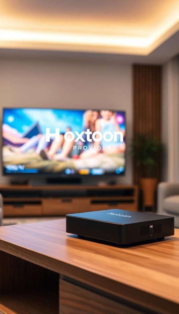 A serene, high-quality IPTV streaming setup with the Hoxtoon Provider brand prominently displayed. In the foreground, a sleek, modern set-top box with a clean, minimalist design sits atop a wooden entertainment center. Soft, diffused lighting illuminates the scene, creating a warm and inviting atmosphere. In the middle ground, a large, high-definition television displays vibrant, crystal-clear images, immersing the viewer in a premium viewing experience. The background features a cozy, modern living room with neutral-toned furnishings, complementing the overall aesthetic. The Hoxtoon Provider logo is tastefully integrated, adding a touch of sophistication to the scene.