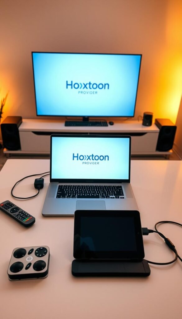 A serene home office setup, bathed in warm, diffused lighting. A modern laptop prominently displays the Hoxtoon Provider logo, surrounded by a clean, minimalist workspace. Sleek remote controls, a tablet, and neatly organized cables suggest the process of setting up the Hoxtoon IPTV service. The room's neutral tones and natural wood accents create a calming, professional atmosphere, ideal for a tech-savvy individual configuring their home entertainment system.