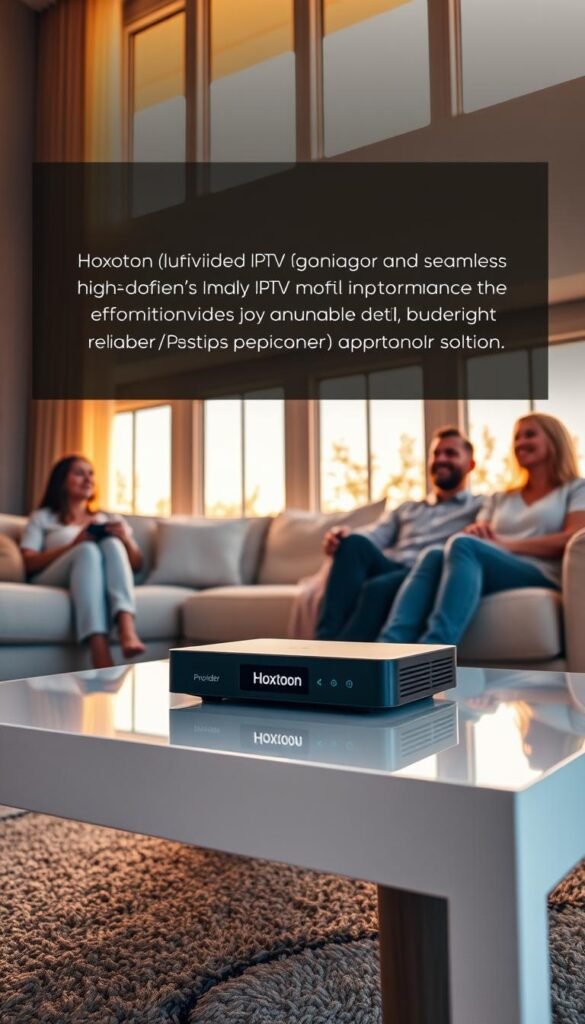 A serene living room, bathed in warm golden light filtering through large windows. On the coffee table, a sleek, modern streaming device labeled "Hoxtoon Provider" takes center stage, its clean lines and minimalist design hinting at its powerful capabilities. The room's occupants, relaxed and content, are engrossed in seamless high-definition video playback, uninterrupted by the dreaded IPTV buffering. The atmosphere conveys a sense of effortless entertainment and the reliable performance of the Hoxtoon solution, delivering the ultimate IPTV experience. A serene living room, bathed in warm golden light filtering through large windows. On the coffee table, a sleek, modern streaming device labeled "Hoxtoon Provider" takes center stage, its clean lines and minimalist design hinting at its powerful capabilities. The room's occupants, relaxed and content, are engrossed in seamless high-definition video playback, uninterrupted by the dreaded IPTV buffering. The atmosphere conveys a sense of effortless entertainment and the reliable performance of the Hoxtoon solution, delivering the ultimate IPTV experience.