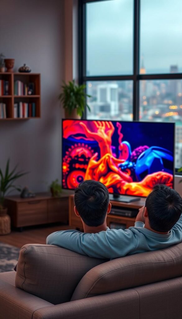 A serene living room scene showcasing the benefits of an IPTV subscription. In the foreground, a man sits comfortably on a plush couch, his eyes fixed on a large, high-definition television screen displaying vibrant, crystal-clear content. Behind him, a well-stocked bookshelf and potted plants create a cozy, inviting atmosphere. Soft, warm lighting illuminates the space, creating a sense of relaxation and contentment. In the background, a window offers a glimpse of a bustling city skyline, highlighting the convenience and accessibility of the Hoxtoon Provider IPTV service. The scene conveys the seamless integration of premium entertainment and the comforts of home.