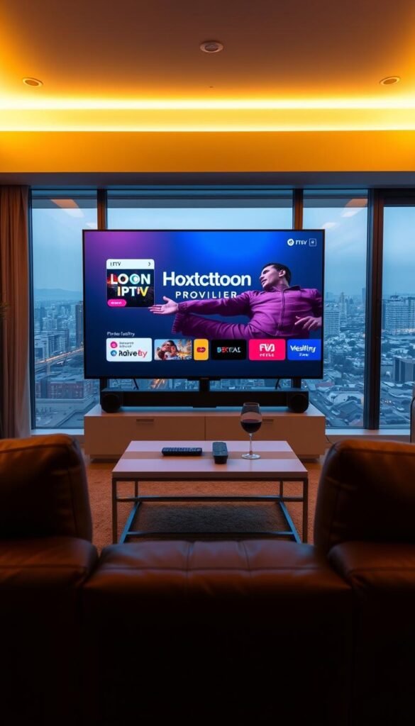 A serene living room scene with a large flat-screen TV displaying the "Hoxtoon Provider" IPTV service interface. The room is bathed in warm, soft lighting, creating a cozy and inviting atmosphere. In the foreground, a comfortable leather sofa faces the TV, suggesting a relaxed viewing experience. The middle ground features a modern, minimalist coffee table with a remote control and a glass of wine, conveying a sense of premium quality and customer satisfaction. The background showcases large windows overlooking a picturesque city skyline, hinting at the wide range of entertainment options available through the IPTV service. The overall scene exudes a feeling of reliability, high-quality customer support, and a premium entertainment experience.