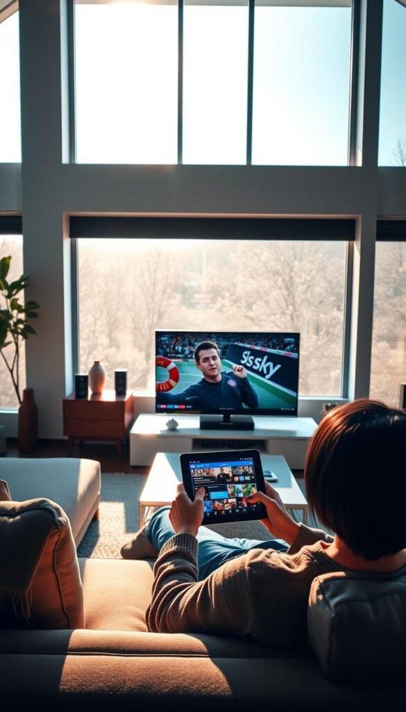 A serene living room setting with a large flat-screen TV displaying the Hoxtoon Provider logo and "Sky Sports" branding. Sunlight streams through large windows, casting a warm glow across the modern, minimalist furniture. A person relaxes on a comfortable couch, tablet in hand, browsing through a seamless, high-quality Sky Sports livestream. The scene conveys the ease and convenience of watching premium sports content across multiple devices in the comfort of one's home.