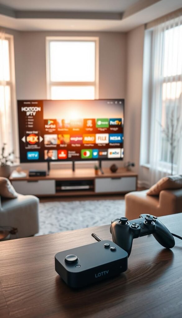 A serene living room setup with a modern television displaying the Hoxtoon Provider IPTV interface, showcasing a diverse array of channels and content. The room is bathed in warm, natural lighting filtering through large windows, creating a cozy and inviting atmosphere. In the foreground, a sleek, minimalist media console holds the IPTV streaming device, complemented by a wireless gamepad, highlighting the seamless integration of Hoxtoon's multi-device compatibility. The middle ground features plush, comfortable seating arrangements, inviting the viewer to immerse themselves in the ultimate IPTV experience. The background is adorned with subtle, tasteful decor, creating a harmonious and visually appealing setting that embodies the freedom and convenience of Hoxtoon's IPTV service.