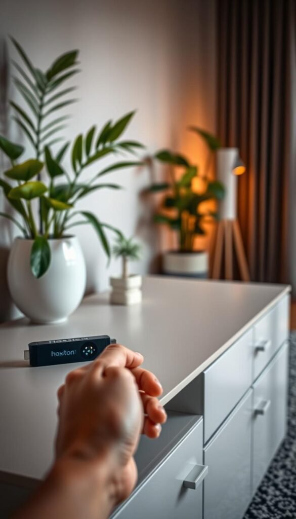 A serene living room with a Hoxtoon Provider-powered Firestick prominently displayed on a modern media console. Soft, warm lighting illuminates the scene, casting a cozy glow. In the foreground, a hand deftly navigates the Firestick's intuitive interface, optimizing settings for a seamless IPTV experience. The background features lush, verdant plants and minimalist decor, creating a tranquil, tech-savvy ambiance. The overall composition conveys the idea of effortless, personalized entertainment at one's fingertips.