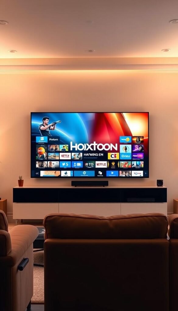 A serene living room with a large, flat-screen TV mounted on the wall. The room is filled with warm, soft lighting, creating a cozy and inviting atmosphere. In the foreground, a sleek, modern entertainment system with the Hoxtoon Provider logo prominently displayed. On the screen, a vibrant and immersive IPTV experience is showcased, with a diverse array of channels and on-demand content. The middle ground features comfortable seating, such as a plush sofa and armchair, inviting the viewer to relax and enjoy the ultimate IPTV experience. The background depicts a minimalist, yet stylish, home decor, with subtle accents that complement the overall aesthetic. The composition emphasizes the seamless integration of technology and home comfort, capturing the essence of the "HOXTOON IPTV Experience".