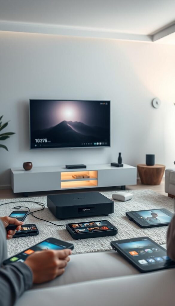 A serene living room with a large smart TV at the center, surrounded by an array of modern devices - smartphones, tablets, and a sleek Hoxtoon Provider streaming box. Soft ambient lighting illuminates the scene, creating a cozy and inviting atmosphere. The devices are seamlessly connected, showcasing the multi-device streaming capabilities of Hoxtoon Provider. The room's interior design is minimal yet elegant, with clean lines and neutral tones that complement the technology. The focus is on the effortless integration of the Hoxtoon Provider system, allowing users to enjoy their favorite content across multiple screens simultaneously.