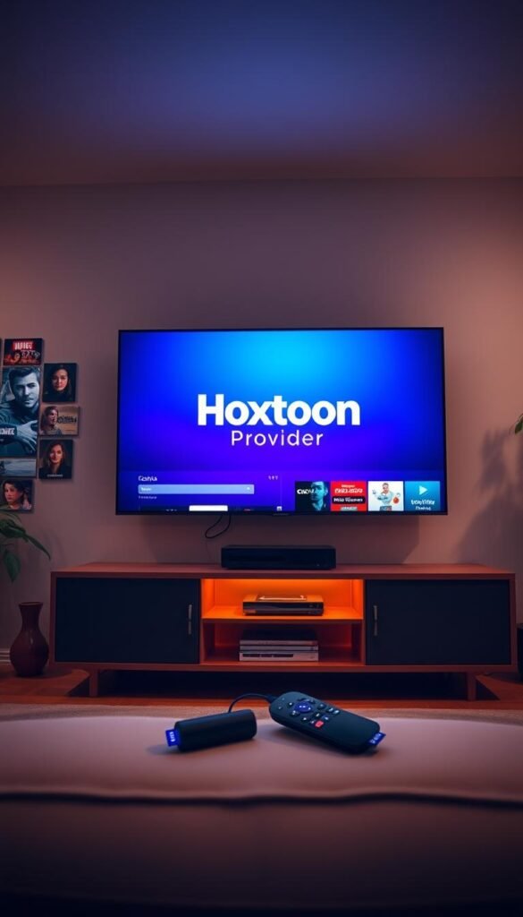 A serene living room with a modern Roku TV prominently displayed, surrounded by a vast array of on-demand entertainment options. The TV screen showcases the Hoxtoon Provider logo, hinting at the extensive library of over 150,000 VODs available. Soft, warm lighting fills the space, creating a cozy and inviting atmosphere. The room is adorned with minimalist decor, allowing the technology to take center stage. A sleek, black Roku remote rests nearby, ready to unlock a world of endless entertainment at the user's fingertips.