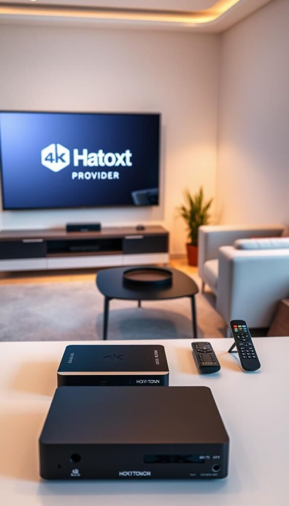 A serene, modern living room with a large 4K television set displaying the Hoxtoon Provider logo against a backdrop of sleek, minimalist furniture. The lighting is soft and warm, creating a cozy, inviting atmosphere. In the foreground, a well-appointed coffee table showcases a variety of streaming devices, including a state-of-the-art IPTV set-top box, remote controls, and various connectors, all neatly arranged. The overall composition conveys a sense of effortless technology integration and a premium user experience.