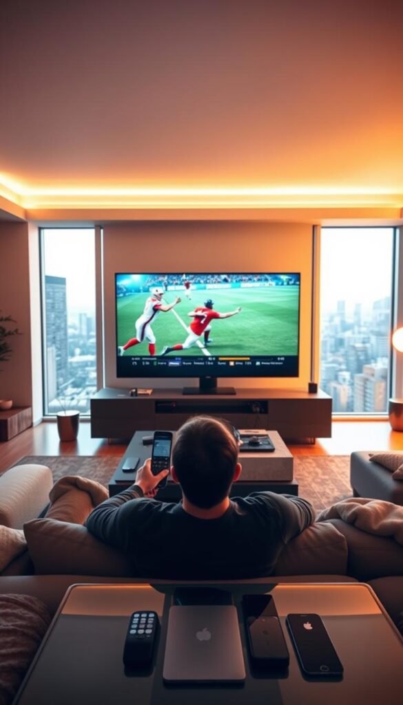A serene modern living room with a large, sleek HDTV displaying vibrant sports highlights. The room is bathed in warm, diffused lighting, creating a cozy atmosphere. In the foreground, a person relaxes on a plush couch, engrossed in the game, holding a Hoxtoon Provider remote control. The middle ground features a coffee table with a laptop and various smart devices, symbolizing the seamless integration of technology and entertainment. The background showcases floor-to-ceiling windows overlooking a cityscape, hinting at the boundless possibilities of IPTV in the digital age. The overall scene conveys the convenience, immersion, and evolution of sports viewing made possible by Hoxtoon Provider's IPTV services.