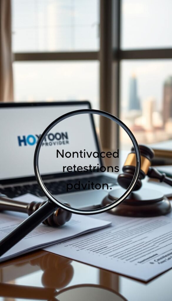 A serene office setting with a laptop displaying the Hoxtoon Provider logo, surrounded by legal documents and a gavel. Soft natural lighting illuminates the scene, creating a contemplative atmosphere. The focal point is a magnifying glass highlighting the nuanced legal considerations around IPTV usage, emphasizing the need for careful research and compliance. The background features a blurred cityscape, hinting at the broader context of the digital landscape. The overall composition conveys the complexities and importance of understanding the legalities of IPTV to make informed decisions.