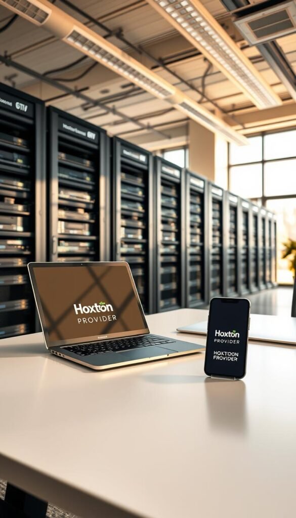 A serene office setting with a modern, well-equipped workstation showcasing a laptop, tablet, and smartphone displaying the Hoxtoon Provider logo. The scene is bathed in warm, natural lighting from large windows, creating a professional and inviting atmosphere. In the background, rows of server racks and state-of-the-art networking equipment convey the technical prowess and reliability of the Hoxtoon Provider IPTV service. The overall composition emphasizes the brand's attention to detail, cutting-edge technology, and commitment to delivering a top-tier user experience.