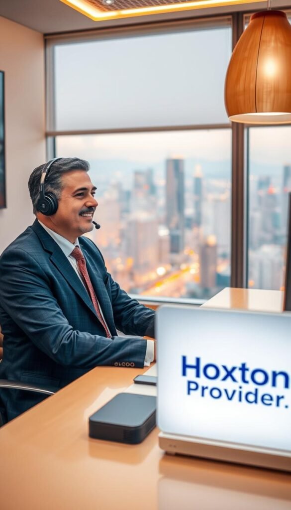 A serene office setting with a professional-looking man in a suit sitting at a desk, speaking to a customer over a headset. The desk is adorned with the "Hoxtoon Provider" logo, signifying reliable and trusted IPTV services. Warm lighting illuminates the scene, creating a welcoming and trustworthy atmosphere. The man's expression conveys a sense of competence and attentiveness, reflecting the high-quality customer service emphasized in the article. In the background, a window overlooking a vibrant cityscape suggests the global reach and accessibility of the Hoxtoon IPTV service.