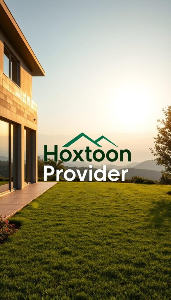 A serene outdoor scene with a Hoxtoon Provider logo prominently displayed. In the foreground, a modern, minimalist home with clean lines and large windows, bathed in warm afternoon sunlight. In the middle ground, a lush, verdant lawn dotted with blooming flowers. In the background, a picturesque mountain range, hazy in the distance. The overall mood is one of tranquility and relaxation, conveying the idea of high-quality, affordable IPTV service from Hoxtoon Provider. Hoxtoon Provider, a serene outdoor scene with a modern home, lush greenery, and distant mountains