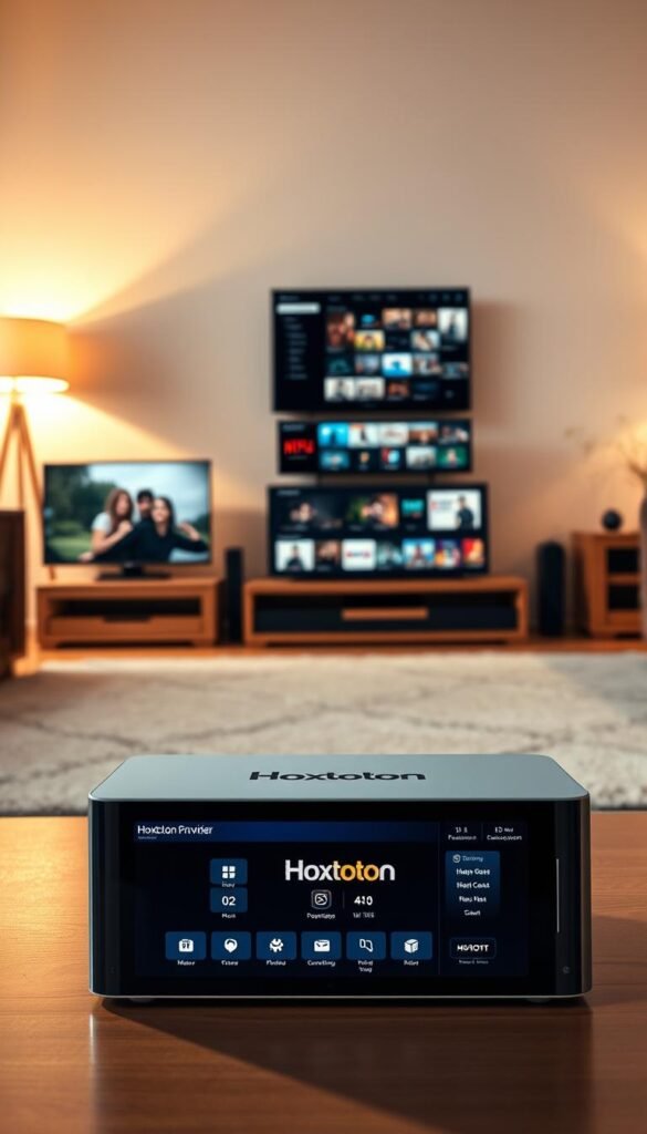A serene, photorealistic scene depicting a yearly IPTV subscription service. In the foreground, a modern, sleek digital device displays the Hoxtoon Provider brand logo and an interface showcasing a wide array of premium content categories. The middle ground features a stack of digital devices, each with a crisp, high-definition screen displaying various entertainment options. In the background, a warm, softly lit living room setting creates a cozy, inviting atmosphere, hinting at the comfort and convenience of accessing vast, diverse content from the comfort of one's home. The lighting is natural and evenly distributed, creating a balanced and visually appealing composition. The angle is slightly elevated, providing an expansive view of the scene.