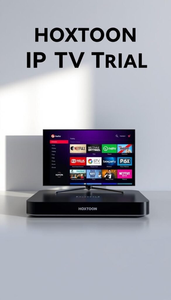 A serene scene depicting a modern, sleek device displaying the Hoxtoon Provider logo, showcasing a vibrant free IPTV trial interface with an abundance of live TV channels and on-demand content. The device is set against a minimalist background, with soft lighting highlighting the clean design. The overall atmosphere conveys a sense of simplicity, accessibility, and the promise of a seamless IPTV experience. The image should evoke a feeling of excitement and anticipation for the upcoming free trial.