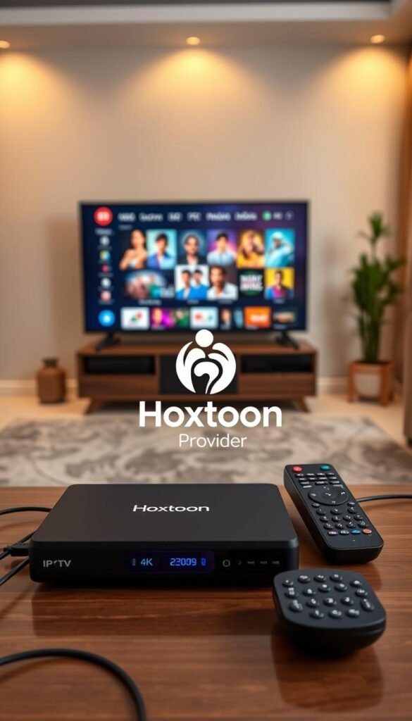 A serene scene of a modern, well-equipped IPTV setup for Indian channels, centered around the Hoxtoon Provider logo. The foreground showcases a sleek black set-top box and a remote control, with cables neatly arranged. The middle ground features a 4K television displaying vibrant Indian programming, while the background depicts a cozy, minimalist living room with warm lighting and a potted plant, conveying a sense of comfort and troubleshooting-readiness. The overall atmosphere is one of reliable, user-friendly IPTV technology seamlessly integrated into a contemporary domestic setting.