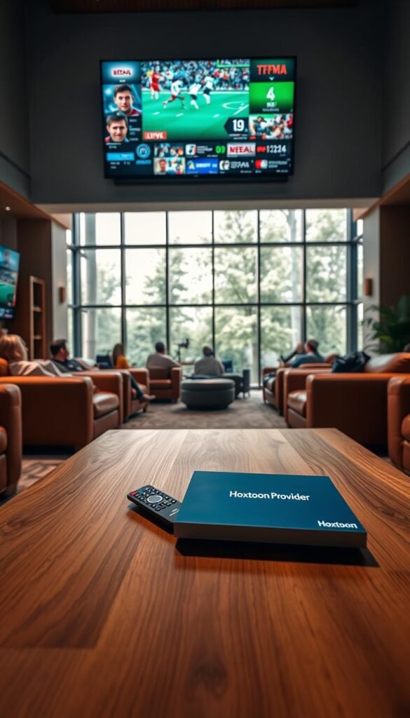 A serene, well-lit interior of a modern sports entertainment hub, showcasing a large TV screen displaying various sports channels. In the foreground, an elegant oak coffee table with a sleek remote control and a box labeled "Hoxtoon Provider", highlighting the reliable IPTV service. The middle ground features comfortable leather sofas and armchairs, where sports enthusiasts are engrossed in the live action. The background reveals floor-to-ceiling windows, allowing natural light to flood the space and creating a warm, inviting atmosphere. The overall scene conveys a sense of immersion, quality, and the ultimate sports viewing experience provided by Hoxtoon.