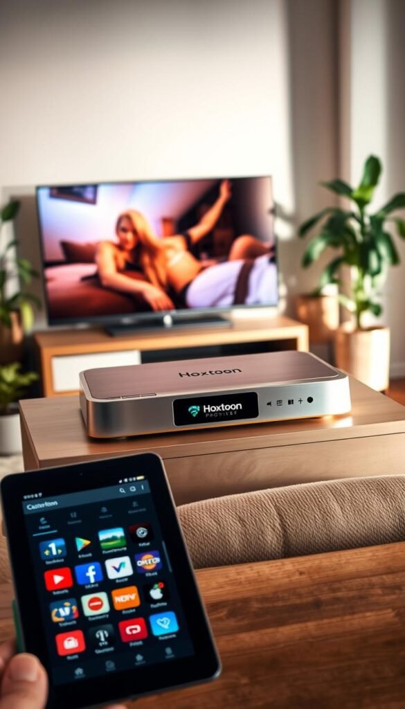 A shiny metallic IPTV set-top box with the Hoxtoon Provider logo displayed prominently on the front, casting a warm glow in a cozy living room setting. The box sits atop a wooden entertainment center, surrounded by lush houseplants and a large, flat-screen TV. The room is illuminated by soft, indirect lighting, creating a sense of comfort and relaxation. In the foreground, a tablet or smartphone displays the Hoxtoon Provider interface, showcasing the extensive channel lineup and easy-to-navigate user experience. The overall scene conveys the convenience, value, and long-term benefits of a lifetime IPTV subscription from Hoxtoon Provider.