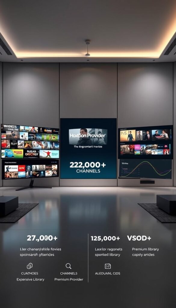 A side-by-side comparison of IPTV content providers, showcasing the breadth and depth of the Hoxtoon Provider's 21,000+ channels and 150,000+ VODs. The foreground features three large screens displaying the Hoxtoon Provider's diverse content offerings, ranging from live sports to premium movies. The middle ground highlights the key features and services of Hoxtoon Provider, with a focus on its expansive library and user-friendly interface. The background depicts a sleek, modern setting with clean lines and a neutral color palette, conveying a sense of professionalism and technological sophistication. The scene is lit by a combination of natural and soft, directional lighting, creating depth and emphasizing the visual elements. The overall atmosphere is one of clarity, organization, and the ability to seamlessly navigate the vast IPTV landscape.