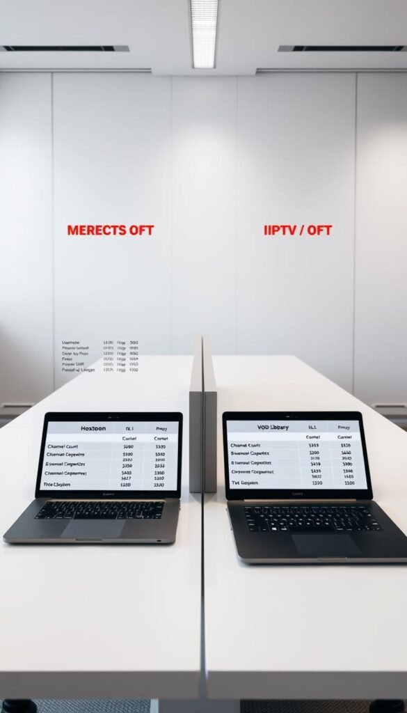 A side-by-side comparison of IPTV service providers, showcasing the vast selection and superior value offered by the Hoxtoon Provider. The scene depicts a well-lit, modern office setting with sleek, minimalist workstations. On each desk, an open laptop displays a detailed breakdown of channel counts, VOD libraries, and pricing between Hoxtoon and its competitors. The lighting is soft and diffused, creating a professional and authoritative atmosphere. The camera angle is positioned to capture the comparison in an easy-to-digest, visually appealing layout, allowing the viewer to quickly grasp the key differentiators that make Hoxtoon the premier legal IPTV service.