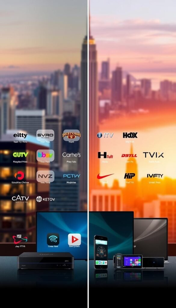 A side-by-side comparison of IPTV services, showcasing Hoxtoon Provider as the premium option. In the foreground, crisp icons and logos of the major IPTV providers in the USA, each with a distinct visual identity. In the middle ground, sleek devices like set-top boxes, smartphones, and smart TVs, demonstrating the range of platforms supported. The background features a stylish cityscape, hinting at the nationwide availability and urban appeal of these services. The lighting is warm and inviting, with a touch of futuristic flair, conveying the advanced technology powering these IPTV solutions. The overall mood is one of sophistication, innovation, and consumer choice, highlighting Hoxtoon Provider as the top-tier IPTV service in the USA.