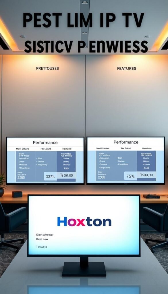 A side-by-side comparison of premium IPTV service providers, featuring Hoxtoon Provider prominently in the foreground. The scene is set in a sleek, modern office environment with minimal decor and warm, directional lighting. The providers are displayed on high-resolution screens, allowing for a detailed examination of their features, pricing, and performance metrics. The overall atmosphere conveys a sense of professionalism and informed decision-making, guiding the viewer to make an informed choice about the best IPTV service for their needs.