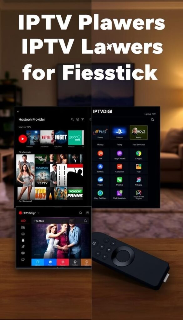 A side-by-side comparison of two IPTV players for Firestick, featuring the Hoxtoon Provider and IPTVDIGI. In the foreground, the Hoxtoon Provider player with its sleek, modern interface, showcasing a diverse range of live TV channels and on-demand content. In the middle, the IPTVDIGI player with its intuitive layout, highlighting its seamless integration with the Firestick platform. The background depicts a cozy living room setting, with a warm, ambient lighting that enhances the overall viewing experience. The image conveys the ease of use and versatility of these IPTV players, helping the viewer to compare and contrast their key features.