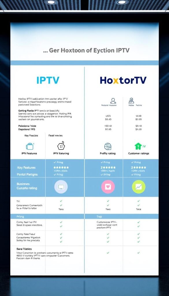 A side-by-side comparison of various IPTV service providers, including the Hoxtoon Provider, set against a sleek, modern backdrop. In the foreground, there are clearly delineated sections showcasing the key features, pricing, and customer satisfaction ratings of each service. The middle ground features stylized icons and infographics to visually highlight the differences. The background has a subtle grid pattern, conveying a sense of organization and professionalism. The lighting is clean and evenly distributed, with a cool color palette to maintain a sophisticated, tech-savvy atmosphere. The camera angle is positioned slightly elevated, creating a sense of authority and expertise.