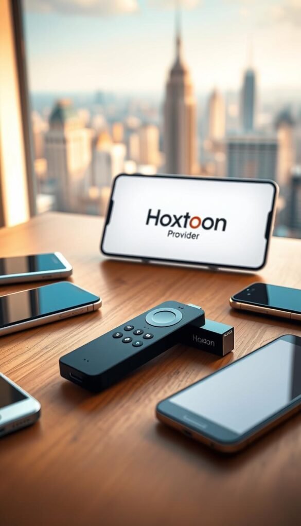 A sleek Firestick device rests on a modern, minimalist wooden surface, surrounded by various mobile devices. The Firestick's screen displays the Hoxtoon Provider logo, signifying seamless multi-device support. The scene is bathed in warm, soft lighting, creating a cozy and inviting atmosphere. In the background, a blurred cityscape suggests the versatility of the IPTV service, allowing users to stream content on-the-go or at home. The overall composition conveys the convenience and flexibility of the Hoxtoon IPTV experience.