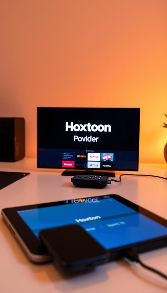 A sleek Roku TV device rests on a modern, minimalist desk, showcasing the Hoxtoon Provider logo prominently displayed on the device's interface. The scene is bathed in warm, soft lighting, creating a cozy, inviting atmosphere. In the foreground, a tablet and smartphone are positioned, highlighting the multi-device support feature. The background features a clean, uncluttered space, allowing the Roku TV and connected devices to take center stage. The composition emphasizes the seamless integration of the Hoxtoon IPTV service with the Roku TV platform, conveying a sense of user-friendly technology and versatility.