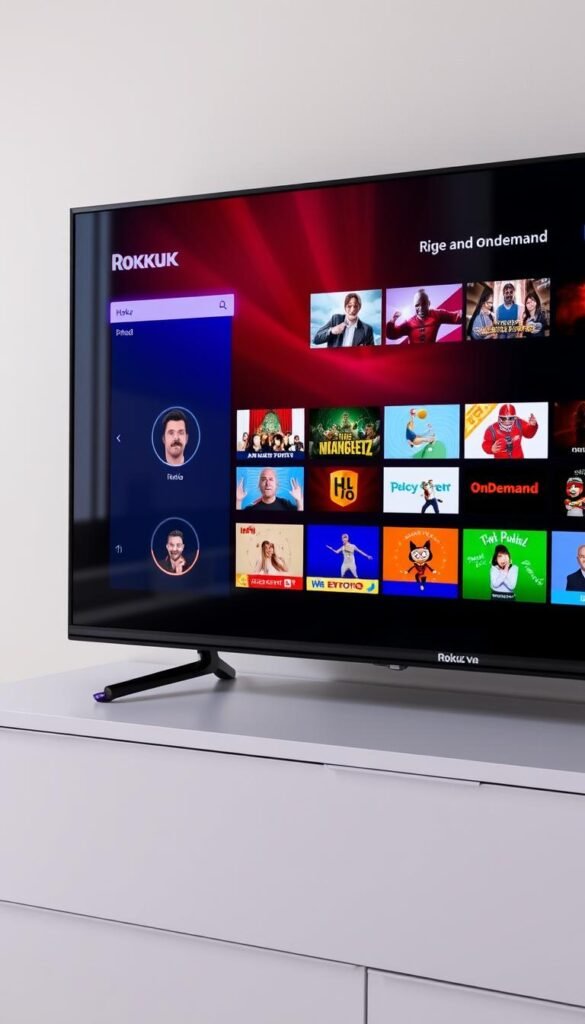 A sleek Roku TV display showcasing the vibrant, high-quality IPTV channels from the Hoxtoon Provider. The Roku interface is prominently featured, with its distinctive remote control and intuitive menu system. The screen displays a diverse array of live and on-demand content, reflecting the wide range of IPTV options available. The room is well-lit, with a modern, minimalist aesthetic that complements the Roku TV's elegant design. The overall scene conveys the seamless integration of Roku TV and the Hoxtoon IPTV service, highlighting their compatibility and the user-friendly experience they provide.